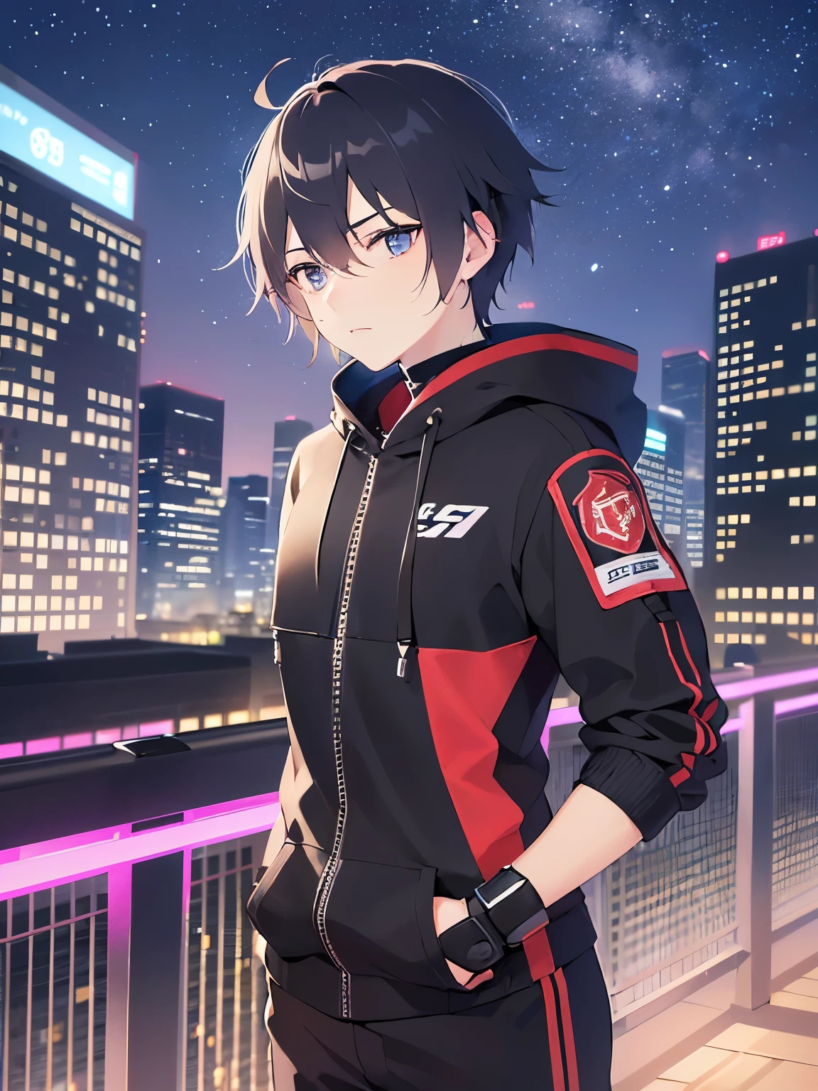 (running:1.5)(25-year-old male:1.5) and (Black short hair) and (blue eyes)、(looking away:1.5),upper body、Side shot、
shiny skin, masterpiece、Highest quality、
black hoodie ,
Night Park、grass、illumination、(Night Sky:1.5)
