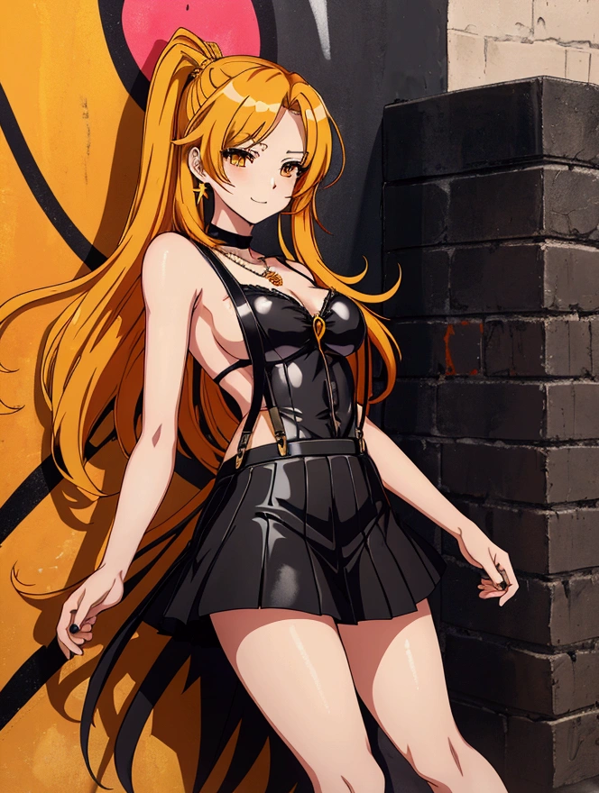 Anime girl in yellow and orange long black suspender skirt in front of graffiti wall, 25 years old,long hair anime girl, She has long orange-yellow hair., Attractive anime girl,Bare arms,Bare arms,Bare legs,Black necklace,Front view,First Perspective,high quality,16K,Exciting appearance,very clearly,Exquisite mature facial,Royal sister,Simple black suspender skirt,Alone,Standing front
