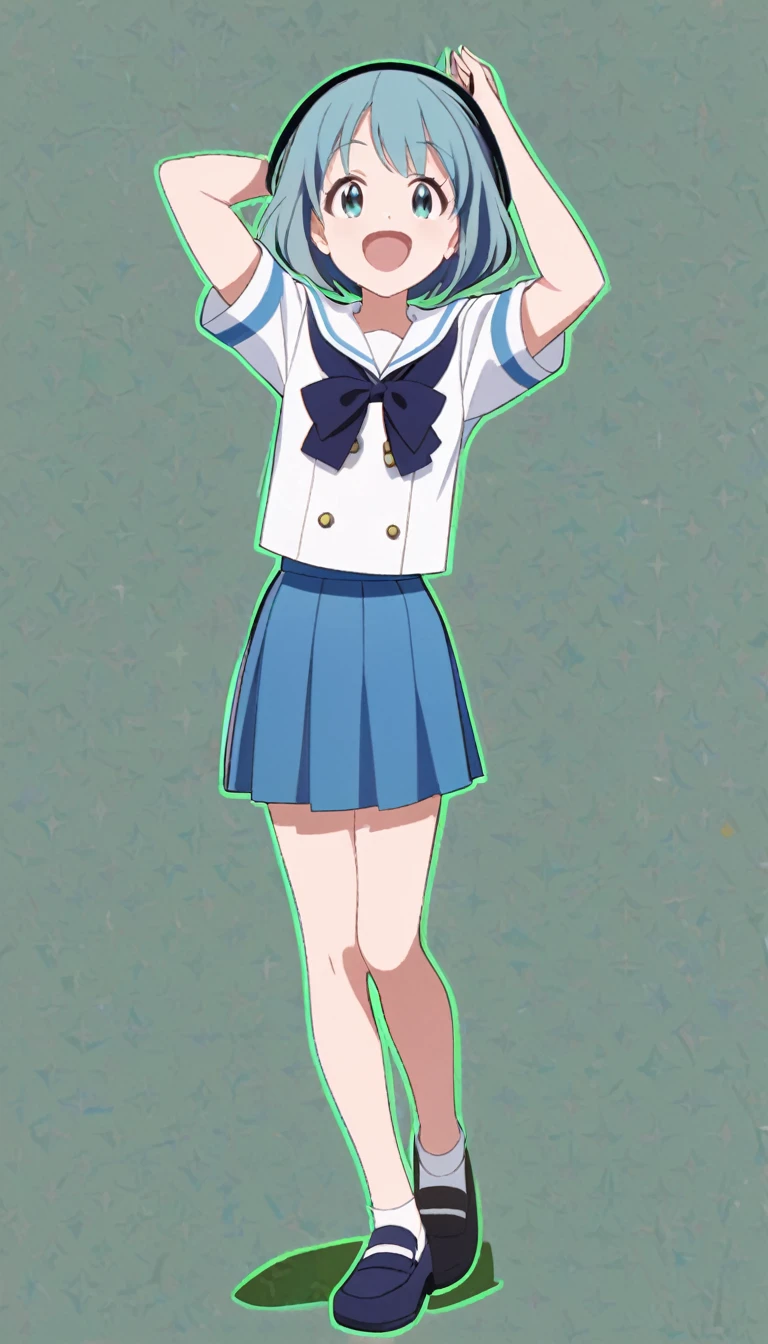 18-year-old, young girl, anime, short hair, pretty eyes, blue hair, full body, sailor suit, short pleated skirt, big smiling very happy, BREAK (greenback), black outline, (stand up straight)