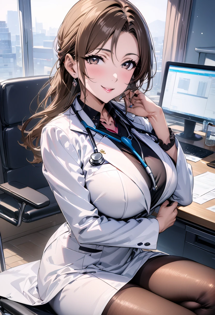 8K picture quality, ultra high definition, stunning mature beauty, intellectual elegance, brown hair, (best quality, masterpiece: 1.2),1lady solo, sitting, (looking at viewers), (white lab coat) stylish outfit, mature female, /(dark brown hair/) bangs, kind smile, (masterpiece best quality:1.2) delicate illustration ultra-detailed, large breasts, pantyhose, /(stethoscope around neck/) BREAK (hospital examination room) indoors, work desk, detailed background,(((doctor)))