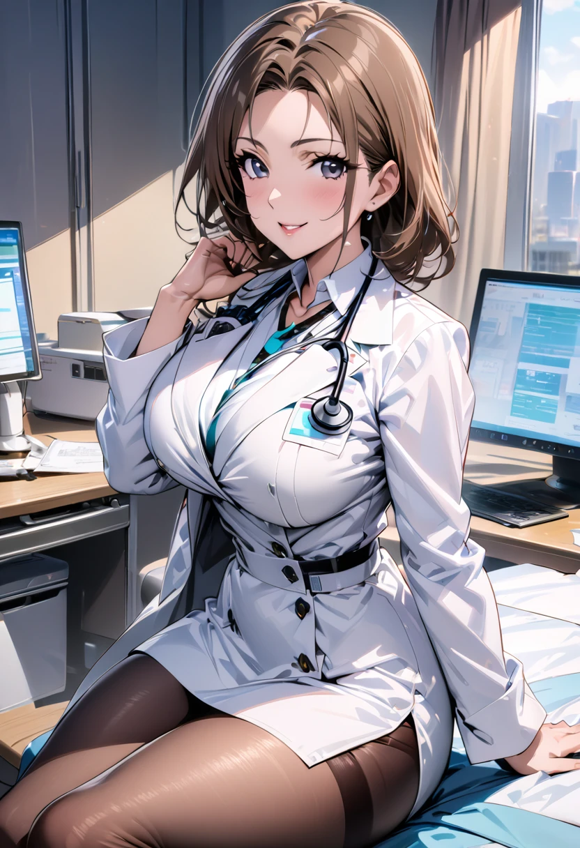 8K picture quality, ultra high definition, stunning mature beauty, intellectual elegance, brown hair, (best quality, masterpiece: 1.2),1lady solo, sitting, (looking at viewers), (white lab coat) stylish outfit, mature female, /(dark brown hair/) bangs, kind smile, (masterpiece best quality:1.2) delicate illustration ultra-detailed, large breasts, pantyhose, /(stethoscope around neck/) BREAK (hospital examination room) indoors, work desk, detailed background，(((doctor)))