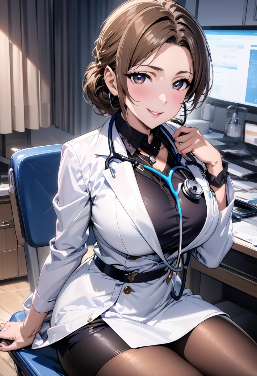 8K picture quality, ultra high definition, stunning mature beauty, intellectual elegance, brown hair, (best quality, masterpiece: 1.2),1lady solo, sitting, (looking at viewers), (white lab coat) stylish outfit, mature female, /(dark brown hair/) bangs, kind smile, (masterpiece best quality:1.2) delicate illustration ultra-detailed, large breasts, pantyhose, /(stethoscope around neck/) BREAK (hospital examination room) indoors, work desk, detailed background，(((doctor)))