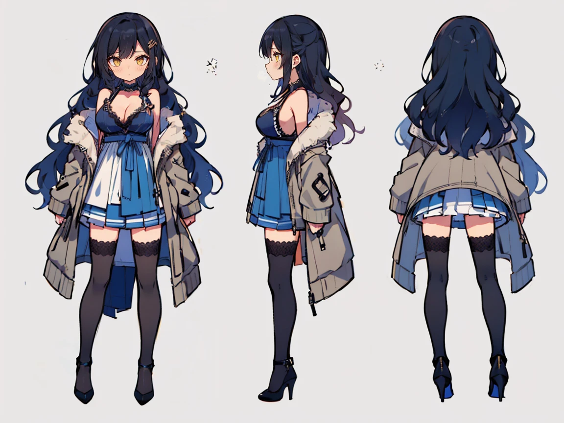 ((three-sided view, front view, side view, back view, multiple views, multiple poses and expressions, many parts)), concept art, character concept art, character sheet, Full body, illustration, (simple background, gray background), 1 character, 1girl, fantasy art, (hui xiyi:0.7), rekkyo sensen, rekkyou sensen, girls with((1girl, solo, black hair, yellow eyes, (wavy long hair, one side up:1.5), blush, breasts, choker, cleavage, coat, cowboy shot, blue lace dress, medium dress skirt, ribbon waist belt, collar, collarbone, rosary, rosary choker, cross, full back, fur, fur trim, parka, khaki hoodie, green hoodie, hood down, hooded coat, hooded jacket, hoodie, jacket, large breasts, long sleeves, medium breasts, open clothes, open coat,open hoodie, sleeveless, winter clothes, zipper, cleavage, (white thighhighs, single thighhighs, an exposed leg, exposed bare legs, high heels:1.42))