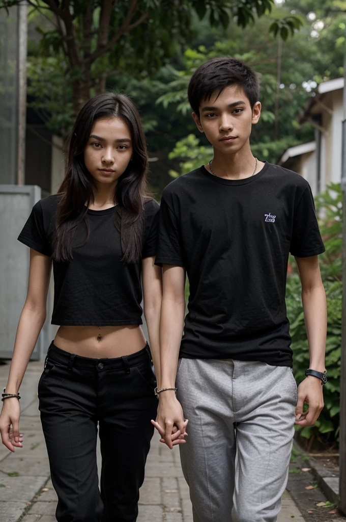 a boy and a girl, very thin straight Thai teenagers, 12 year old boyfriends, both the same height, with very thin and slender bodies. The couple, the boy and the girl, are the same height and walk hand in hand. They wear a black t-shirt and black pants. And black bracelet on the arms.