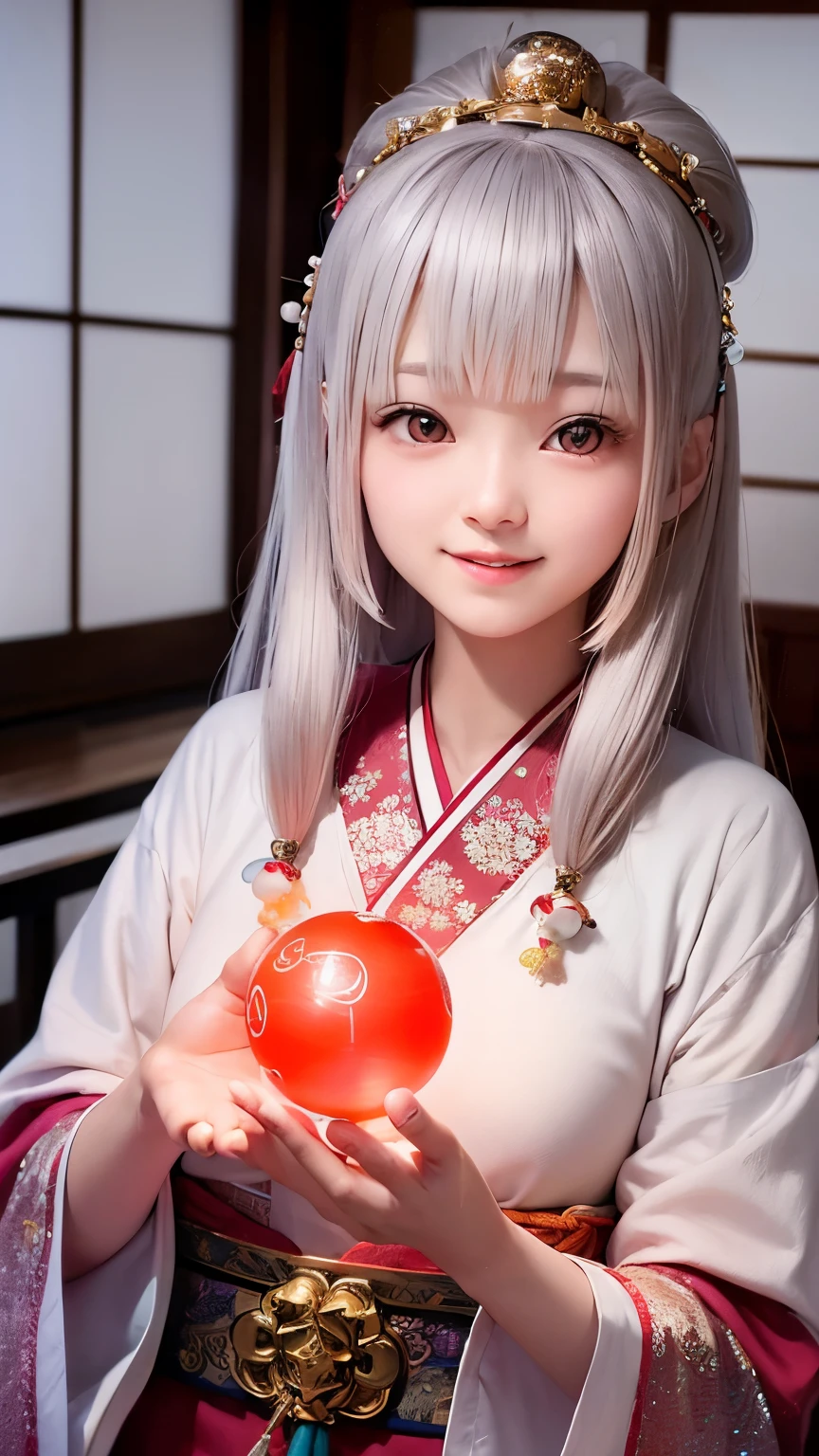 a 16 year old japanese girl performing a fortune-telling ritual, a large glowing crystal ball, smiling cheerfully, happy and lighthearted atmosphere, detailed face and eyes, beautiful long hair, traditional japanese clothing, intricate jewelry, warm lighting, glowing crystal ball, seamless blending of elements, photorealistic, 8k, high quality, elegant, masterpiece