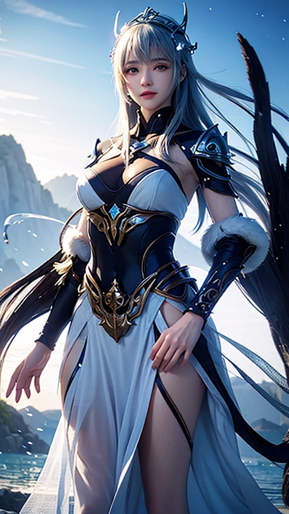 Create a female character that embodies the Aquarius zodiac sign, making it immediately recognizable. She is an innovative and eccentric figure with short, spiky blue hair and vivid, intelligent gray eyes. She has a slender build and a light complexion. Dress her in attire that combines futuristic and modern styles, featuring a blue and silver color scheme. Include elements such as a water bearer jug, a headband, and armor with wave motifs. The background should include a futuristic landscape with flowing water to further emphasize the Aquarius symbolism. She should exude a sense of creativity and independence, representing the visionary nature of Aquarius.
