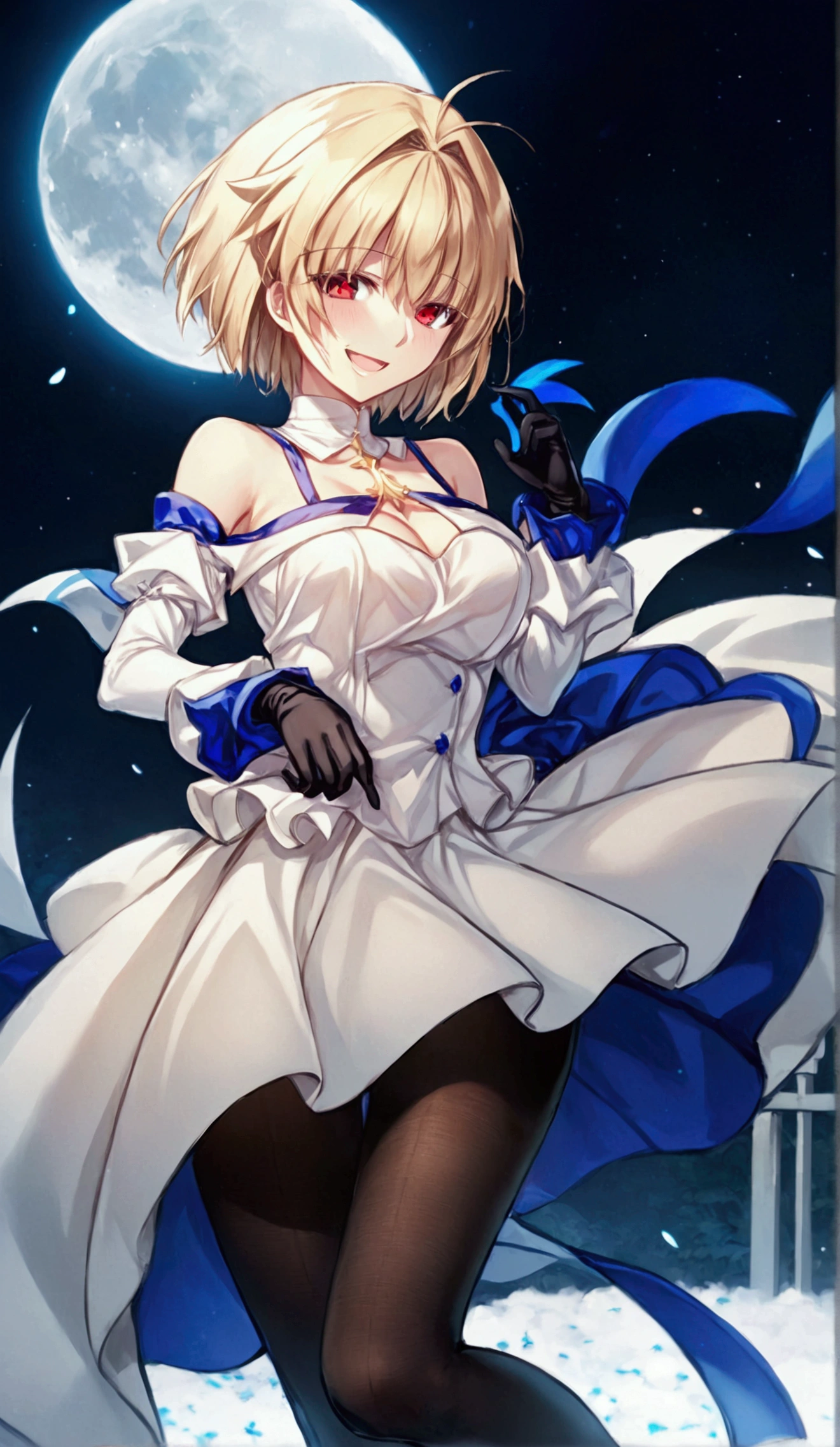 an anime illustration of the fantasy girl dressed in white and blue with the moon in the background, 1girl, arcueid brunestud, breasts, blonde hair, pantyhose, solo, dress, red eyes, gloves, short hair, detached sleeves, cleavage, open mouth, black gloves, bangs, black pantyhose, smile, arcueid