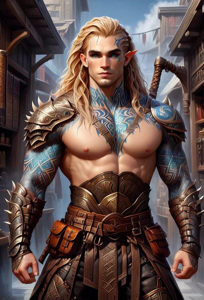 D&D character art. athletic slender male dragonborn. colorful tribal and rune tattoos, (big brown eyes:1.5), long wild blond hair with site cornrows. wearing breastplate armor. leather haka pants. a broad vicious hammer hanging from belt. standing in front of a magic shop in a fantasy magic marketplace. oil painting style
