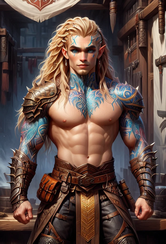 D&D character art. athletic slender male dragonborn. colorful tribal and rune tattoos, (big brown eyes:1.5), long wild blond hair with site cornrows. wearing breastplate armor. leather haka pants. a broad vicious hammer hanging from belt. standing in front of a magic shop in a fantasy magic marketplace. oil painting style
