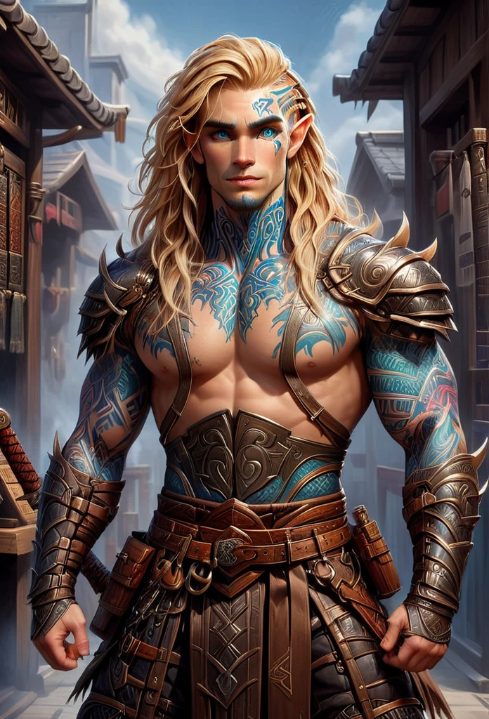 D&D character art. athletic slender male dragonborn. colorful tribal and rune tattoos, (big brown eyes:1.5), long wild blond hair with site cornrows. wearing breastplate armor. leather haka pants. a broad vicious hammer hanging from belt. standing in front of a magic shop in a fantasy magic marketplace. oil painting style
