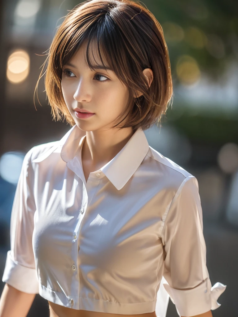 ((Highest quality、In 8K、masterpiece:1.3))、Sharp focus:1.2、Beautiful woman perfect body:1.4、Slim Abs:1.2、((Short Hair:1.2))、(trendy fashion in tokyo、shirt:1.1)、Single color background、Wet body:1.5、Three-dimensional texture、Detailed eyes、(Brown Hair、Black Hair:1.2)、Very shiny hair、Backward view、Hair quality improvement、Handsome short、Short-haired blonde。