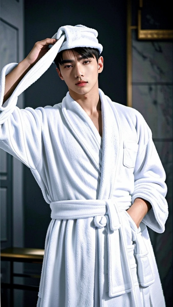 (Masterpiece:1.21),(best quality:1.21),8K,Highly detailed,very detailed,photography,won,documentary,original photo,realism,alone,studio lighting,High resolution scan,Physical rendering,movie light,won work,depth of field,(low saturation:1.3),(1 boy;1.4:1.1),badly,focus man,eyes,Asia,handsome face,Well proportioned hands,Real skin texture,White and bright skin with marble,model,Thick eyebrows,(coop_color_ fashion_robes:1.45),(coop colo background:1.1),Close-up view,(coop stylish pose action:1.1),(Portrait:1.22),Asia Bowl Cut,Beaming