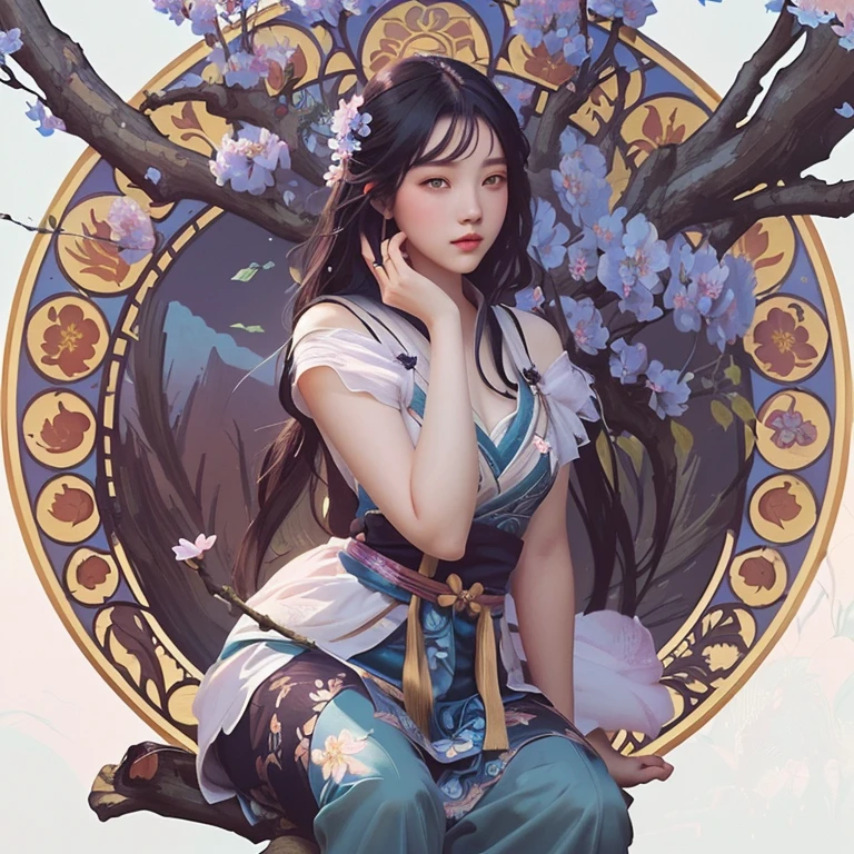 girl sitting on a tree branch with flowers in the background, artwork in the style of guweiz, fantasy illustration, korean art nouveau, artgerm and atey ghailan, guweiz, fantasy artwork, style artwork, styled digital art, hinata hyuga, beautiful artwork, artwork, digital illustration