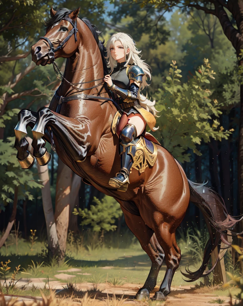 ((best quality)), ((anime masterpiece)), (high detailed), 8k, cinematic lighting, realistic, HDR, vivid color, a female knight riding a BROWN HORSE, long hair, {black hair}, (white armor, black gauntlet, black miniskirt, black boots), forest, anatomically correct
