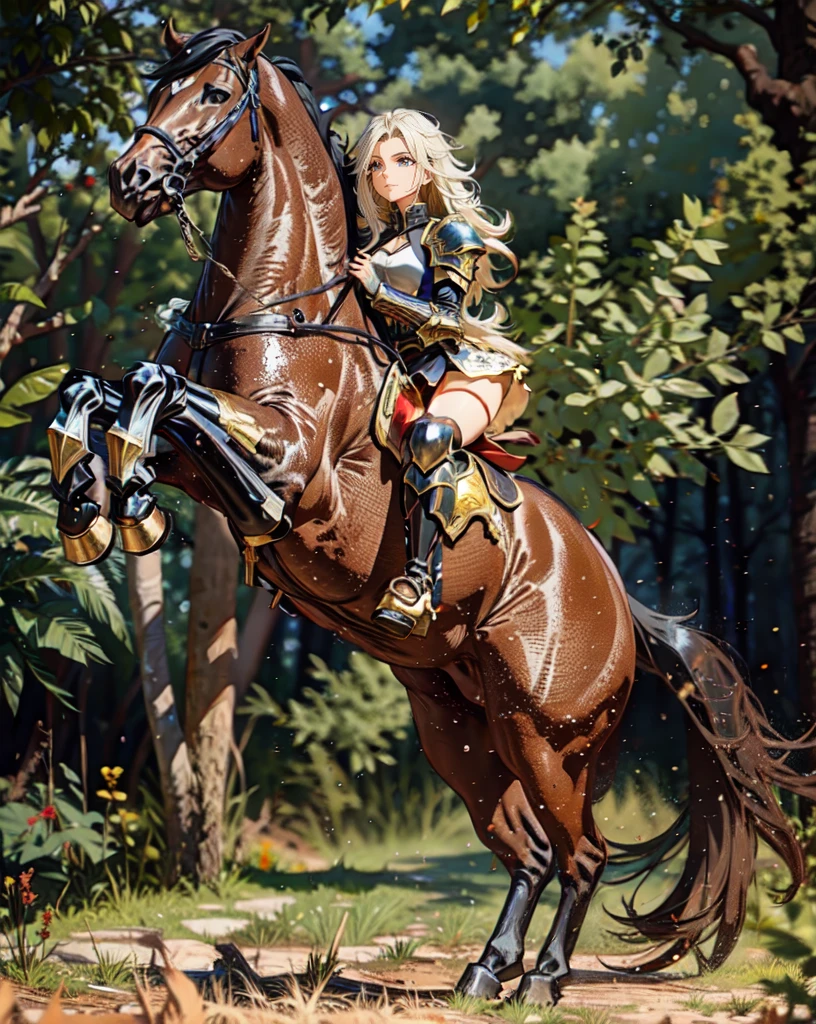 ((best quality)), ((anime masterpiece)), (high detailed), 8k, cinematic lighting, realistic, HDR, vivid color, a female knight riding a BROWN HORSE, long hair, {black hair}, (white armor, black gauntlet, black miniskirt, black boots), forest, anatomically correct