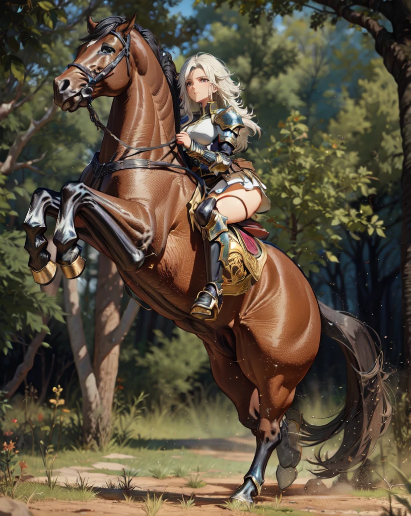 ((best quality)), ((anime masterpiece)), (high detailed), 8k, cinematic lighting, realistic, HDR, vivid color, a female knight riding a BROWN HORSE, long hair, {black hair}, (white armor, black gauntlet, black miniskirt, black boots), forest, anatomically correct