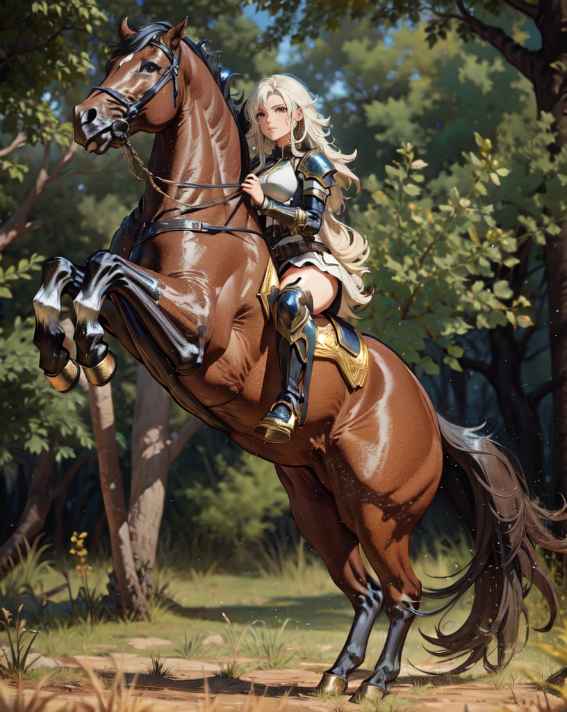 ((best quality)), ((anime masterpiece)), (high detailed), 8k, cinematic lighting, realistic, HDR, vivid color, a female knight riding a BROWN HORSE, long hair, {black hair}, (white armor, black gauntlet, black miniskirt, black boots), forest, anatomically correct
