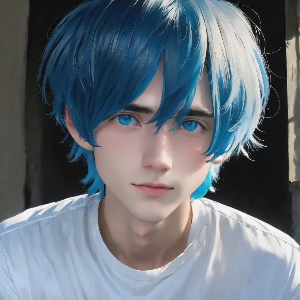 best quality, masterpiece, solo, 1boy, blue hair, white shirt, blue eyes, black beckground, full faces