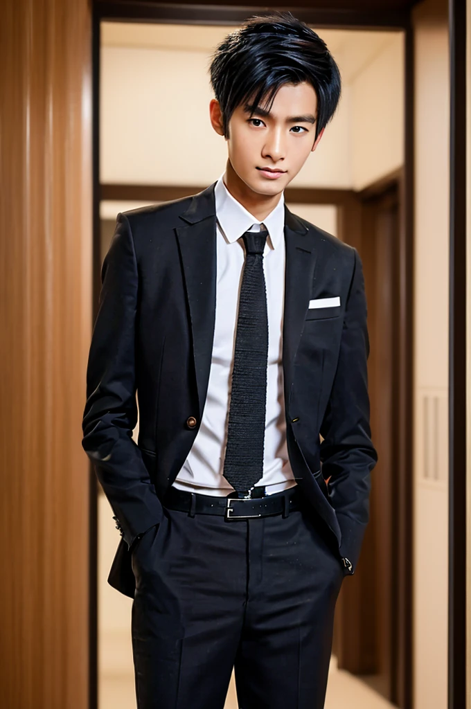 Generate an ultra realistic image of a handsome 20-year-old Chinese man, slim, slim, ectomomhe, asymmetrical face, new, CEO, passionate, serious and extremely cold countenance, CEO clothes, short black hair, face of a 20-year-old man