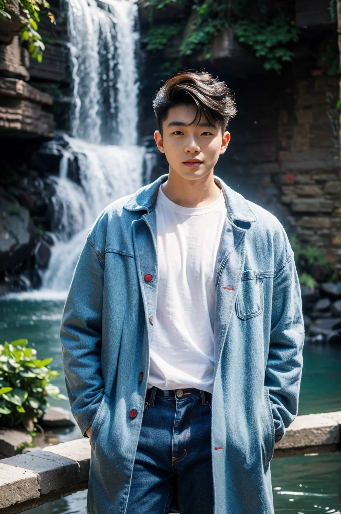 ((realistic daylight)) , Young Korean man in only a white t-shirt, no pattern. (Denim coat) Jeans, A handsome, muscular young Asian man looks at the camera. In a simple t-shirt blue and red , By the waterfall ,turn sideways