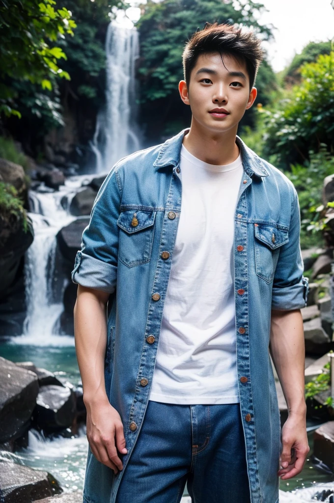 ((realistic daylight)) , Young Korean man in only a white t-shirt, no pattern. (Denim coat) Jeans, A handsome, muscular young Asian man looks at the camera. In a simple t-shirt blue and red , By the waterfall ,turn sideways