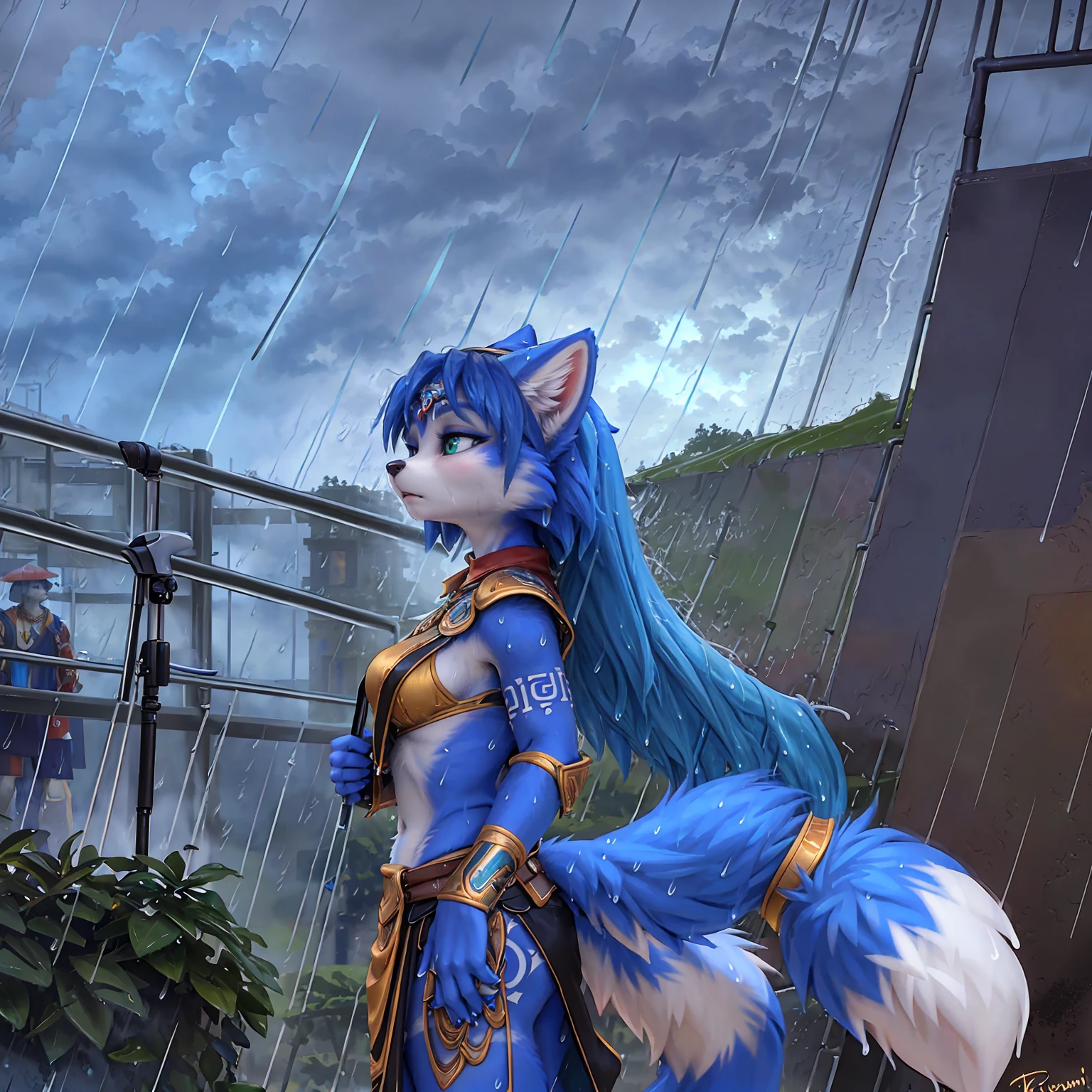 A beautiful and detailed (sweet picture) of ((Krystal)), Star Fox Krystal,  green eyes, medium breasts, (((Long blue hair 1.3))),  anthro, furry, (of Fluff-Kevlar, Bayard Wu, Personalami, Pino Daeni),  detailed fluffy fur, detailed face, (fluffy), 1 girl, alone, hair cover one eye:1.4, (((stands in the rain:1.4))), Heavy rain, storm, stands on a meadow, (((looks at the sky:1.4))), has a sad facial expression, to see from the side, to see in profile, wears tribal clothing, wears tribal top with leather armor