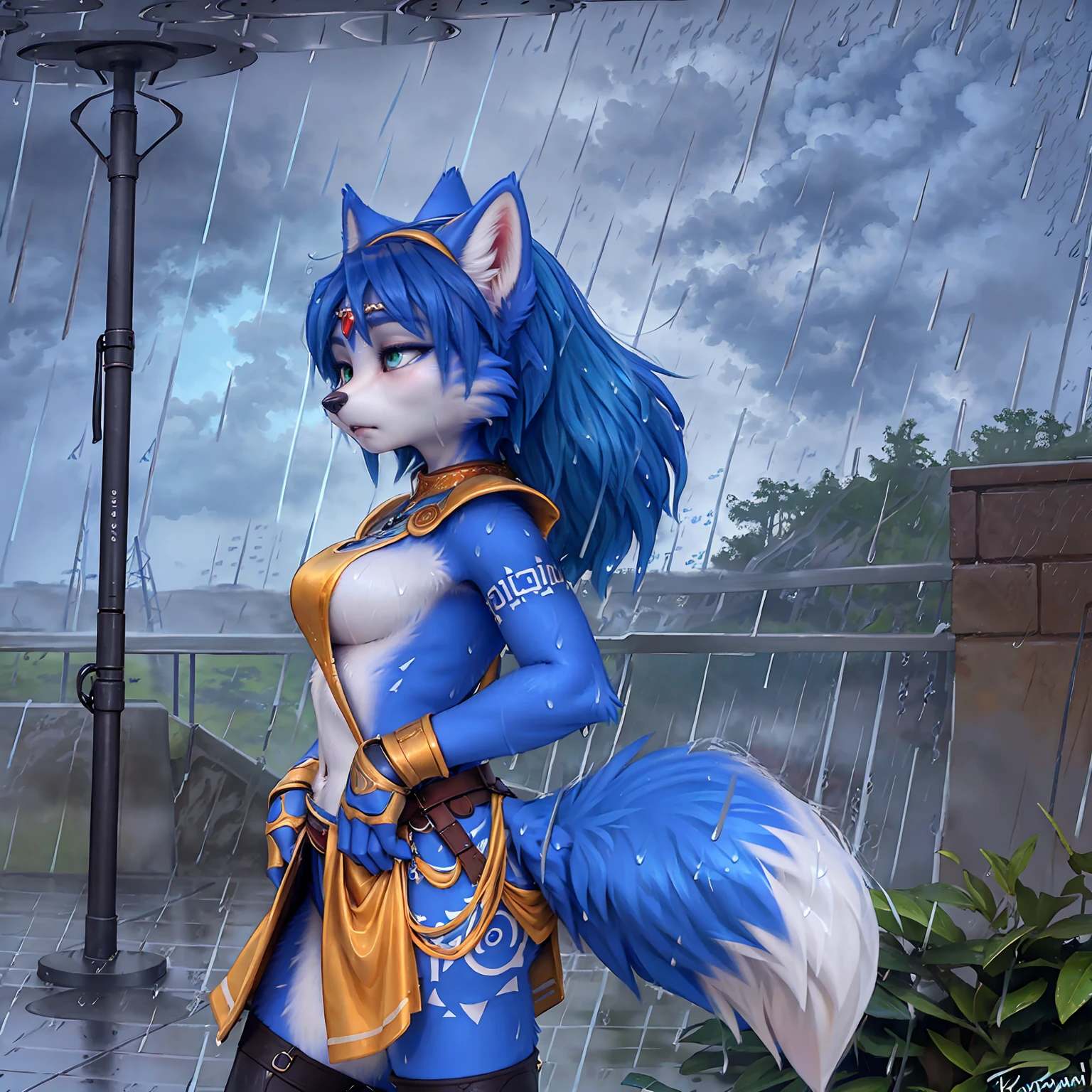 A beautiful and detailed (sweet picture) of ((Krystal)), Star Fox Krystal,  green eyes, medium breasts, (((Long blue hair 1.3))),  anthro, furry, (of Fluff-Kevlar, Bayard Wu, Personalami, Pino Daeni),  detailed fluffy fur, detailed face, (fluffy), 1 girl, alone, hair cover one eye:1.4, (((stands in the rain:1.4))), Heavy rain, storm, stands on a meadow, (((looks at the sky:1.4))), has a sad facial expression, to see from the side, to see in profile, wears tribal clothing, wears tribal top with leather armor