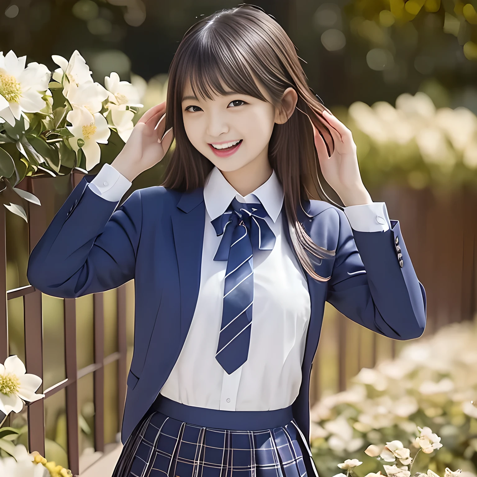 (Highest quality, masterpiece:1.2), Highest quality, High resolution, 1080P, 8K, height: 165cm, ((A noble and intelligent girl who looks like a best proportion Japanese young lady is giggling while magically hypnotizing the viewer)), ((So sweet, very noble, cute and pretty Japanese beautiful cute girl)), ((A real, very girly, sweet, cute and noble girl)), ((((A smiling beautiful Japanese cute fashion model)))), ((((Very pure white face and limbs)))), Glossy Lips, (Evenly cut bangs), ((Very beautiful, smiling brown, droopy, cute, pure, noble eyes)), ((Super long, straight black hair that reaches the floor)), Very shiny, Glossy Lips, Open hand over open mouth, Beautiful straight hair like a hair model, Watch and laugh at your audience, ((Incredibly well organized, Rich facial expressions. Plump and beautiful white skin and face)), ((Pure, clear, gentle smiling eyes)), ((Smile at me)), Glossy Lips, ((Noble and elegant)), ((As the succubus charms you with her magic and giggles)), ((((Succubus is fascinating、Calling to the depths of eternity)))), Very beautiful blue skirt, ((Large upward-curving lips)), ((Look directly at the viewer)), White Hand, ((Navy Japanese School Blazer, Navy and sapphire blue Japanese school uniform tartan check pattern pleated long skirt, Blue string ribbon tie)), ((((An ecstatic expression of boundless joy)))), ((White flowers with white leaves with white snow garden background))