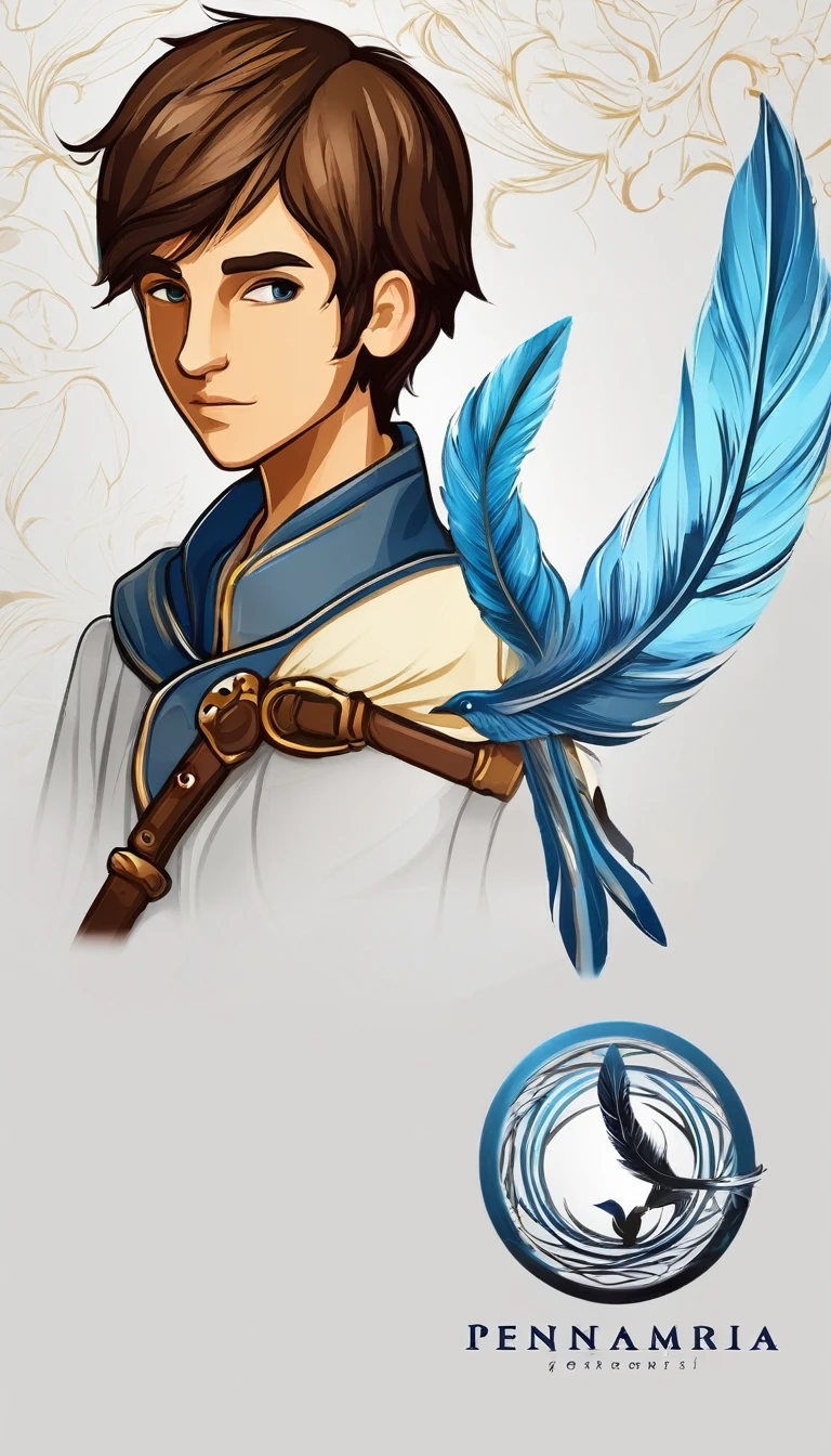Create a minimalistic, simple, fantastic, easy to understand, logo design of a boy and a feather for an upcoming Fantasy Role Playing Game called " Penamemoria". The game is about a world full of bird and feathers. A boy enters that world and discovers his true artistic identity. Create a logo design that transmits the essence of this videogame. It´s a fantasy game, with fantasy elements. Create the logo in the center and a fantasy theme as background. Use the colours light blue, white, yellow golden in the logo. The logo design must convey a sense of fantasy, dreams, memories and music. Must convey a feeling of being a true Dreamer