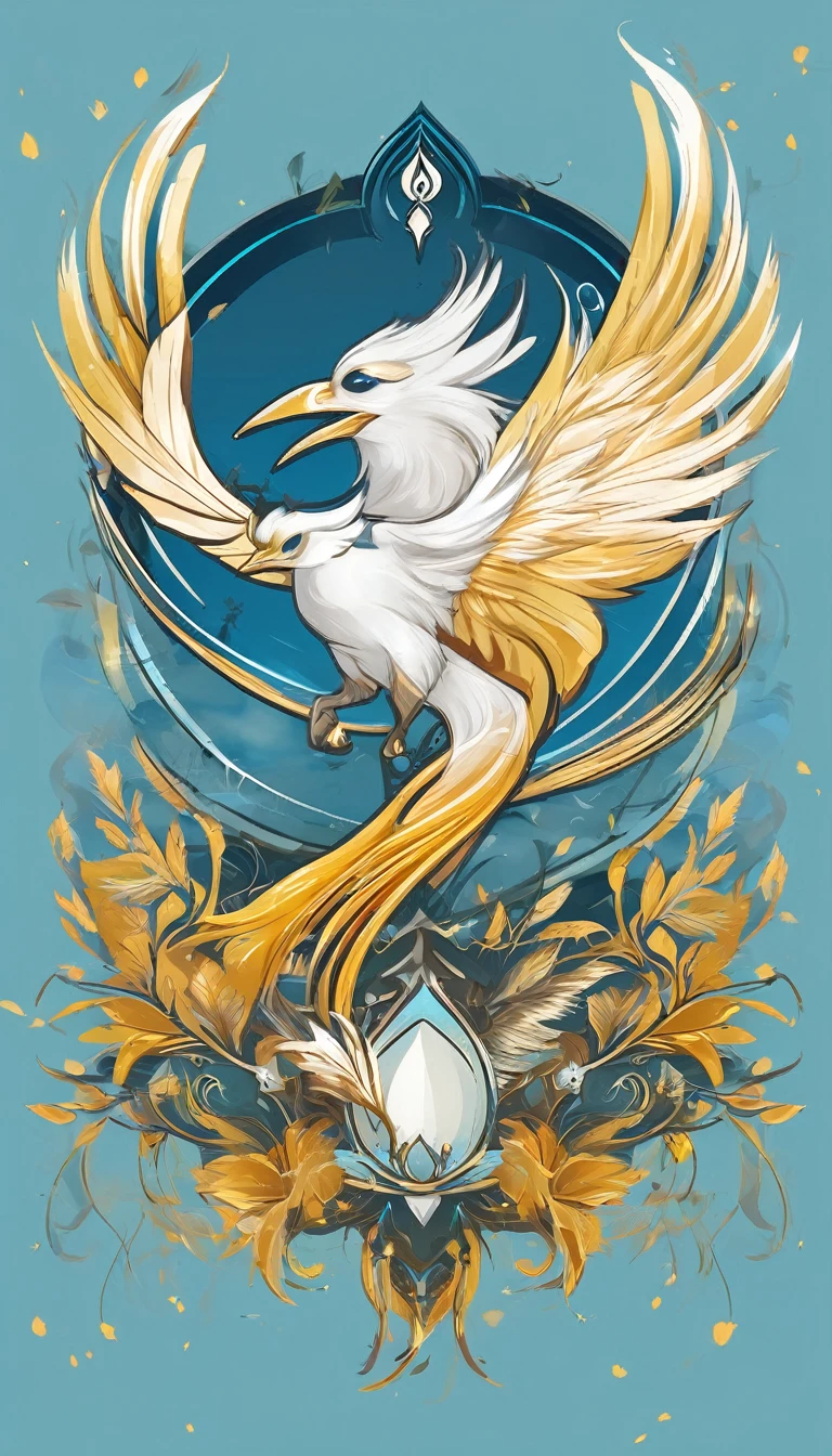 Create a minimalistic, simple, fantastic, easy to understand, logo design of a boy and a feather for an upcoming Fantasy Role Playing Game called " Penamemoria". The game is about a world full of bird and feathers. A boy enters that world and discovers his true artistic identity. Create a logo design that transmits the essence of this videogame. It´s a fantasy game, with fantasy elements. Create the logo in the center and a fantasy theme as background. Use the colours light blue, white, yellow golden in the logo. The logo design must convey a sense of fantasy, dreams, memories and music. Must convey a feeling of being a true Dreamer