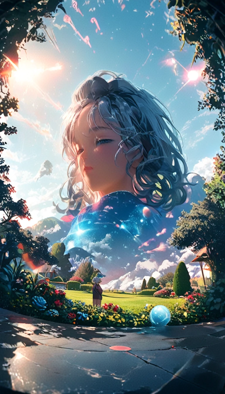 masterpiece, Concept Art, Panorama, in the center, shape, Wide Shot, garden, night, (meteor), Space galaxy background, (Great composition, Epic Scale), Dynamic Lighting, Bright colors, Blue rose,Landscape Long Eyelashes, Round eyes, Silver Hair, Half-closed eyes, sad, Cast a Shadow, Anaglyph, Stereogram, tachi-e, Atmospheric perspective, Wide Shot, reflected light, 8K, Super detailed, Highest quality, Anatomically correct,longeyelashes, solid circle eyes, silver hair, half-closed eyes, sad, drop shadow, anaglyph, stereogram, tachi-e, atmospheric perspective, wide shot, reflection light, 8K, super detail, best quality, anatomically correct