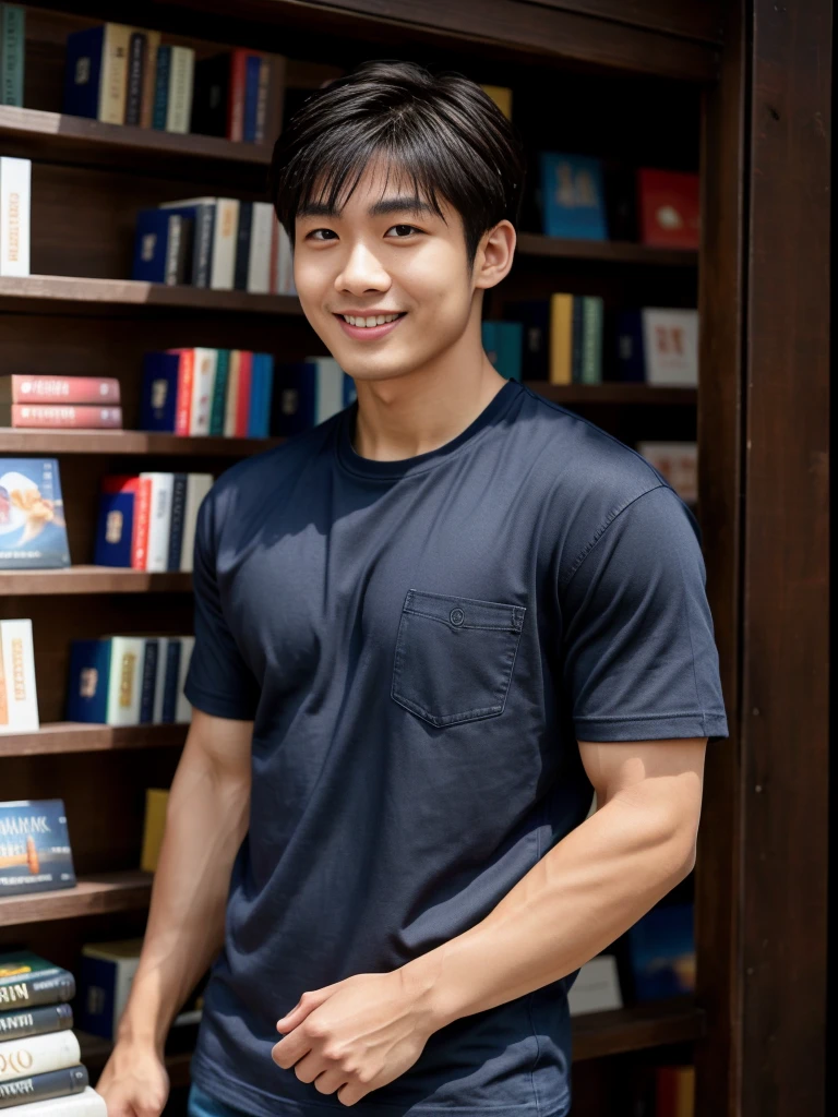 独奏: 1.5, (As a matter of fact, Masterpiece, 8k HD, good light quality, sportswear, fit the face, complicated details), A handsome Korean young man with muscular arms. , 20 years old, be happy, smile brightly, detailed face, delicate eyes, look at the sky, Wear a navy tight T-shirt.:1.6 ,Wear a denim coat., jeans period, black eyes, Black hair color, ผมsmooth, smooth，Surreal，Awesome details，Highest quality，real，Open your mouth to talk. , Close your eyes., (standing in a bookstore :1.5)