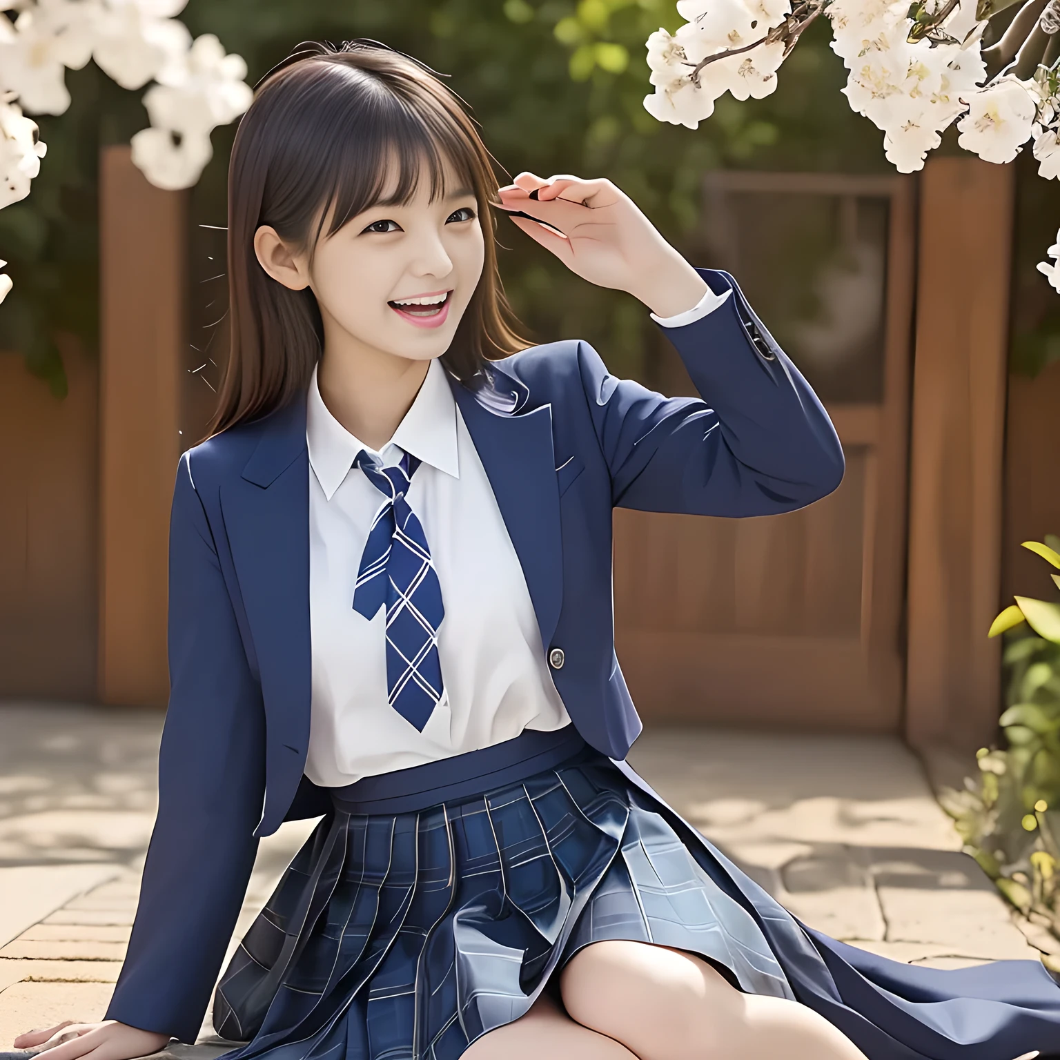(Highest quality, masterpiece:1.2), Highest quality, High resolution, 1080P, 8K, height: 165cm, ((A noble and intelligent girl who looks like a best proportion Japanese young lady is giggling while magically hypnotizing the viewer)), ((So sweet, very noble, cute and pretty Japanese beautiful cute girl)), ((A real, very girly, sweet, cute and noble girl)), ((((A smiling beautiful Japanese cute fashion model)))), ((((Very pure white face and limbs)))), Glossy Lips, (Evenly cut bangs), ((Very beautiful, smiling brown, droopy, cute, pure, noble eyes)), ((Super long, straight black hair that reaches the floor)), Very shiny, Glossy Lips, Open hand over open mouth, Beautiful straight hair like a hair model, Watch and laugh at your audience, ((Incredibly well organized, Rich facial expressions. Plump and beautiful white skin and face)), ((Pure, clear, gentle smiling eyes)), ((Smile at me)), Glossy Lips, ((Noble and elegant)), ((As the succubus charms you with her magic and giggles)), ((((Succubus is fascinating、Calling to the depths of eternity)))), Very beautiful blue skirt, ((Large upward-curving lips)), ((Look directly at the viewer)), White Hand, ((Navy Japanese School Blazer, Navy and sapphire blue Japanese school uniform tartan check pattern pleated long skirt, Blue string ribbon tie)), ((((An ecstatic expression of boundless joy)))), ((White flowers with white leaves with white snow garden background))