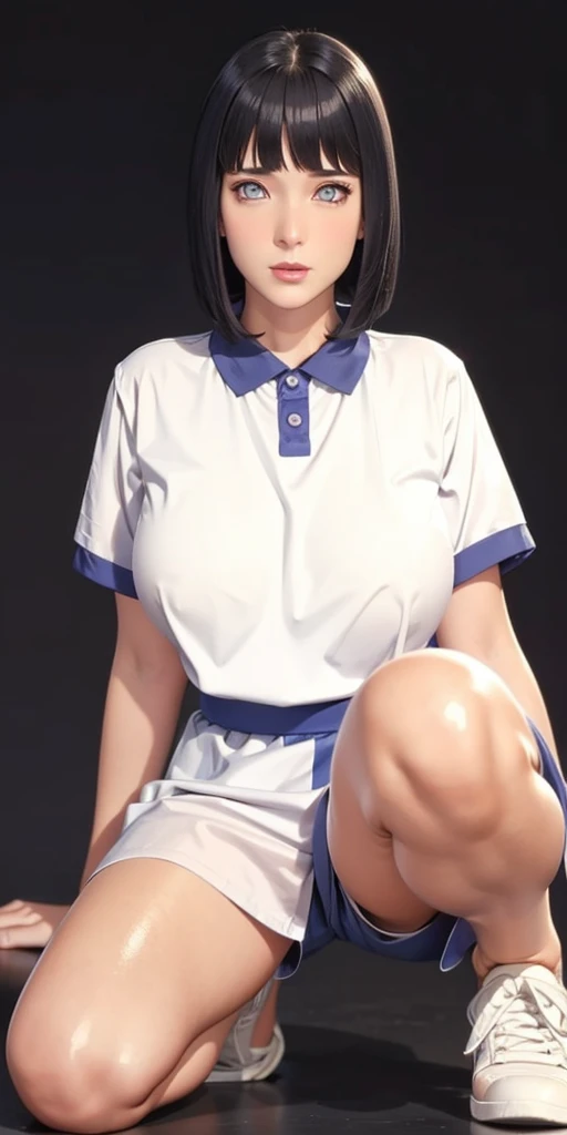 (（（Perfect body,White and tender skin,（（（ruanyi0533,blue pants,collared shirt,short sleeves,striped,sneakers,white shirt,）））,（（（hyuugahin,hyuugahin,hinata\(boruto\),hyuugahin, "black long hair", blue eyes,blunt bangs）））,((masterpiece)),high resolution, ((Best quality at best)),masterpiece,quality,Best quality,（（（ Exquisite facial features,Looking at the audience,There is light in the eyes,blush,Happy,lol）））,）））,（（（Light and shadow,Huge breasts）））,（（（Looking at the camera,black background,)））),