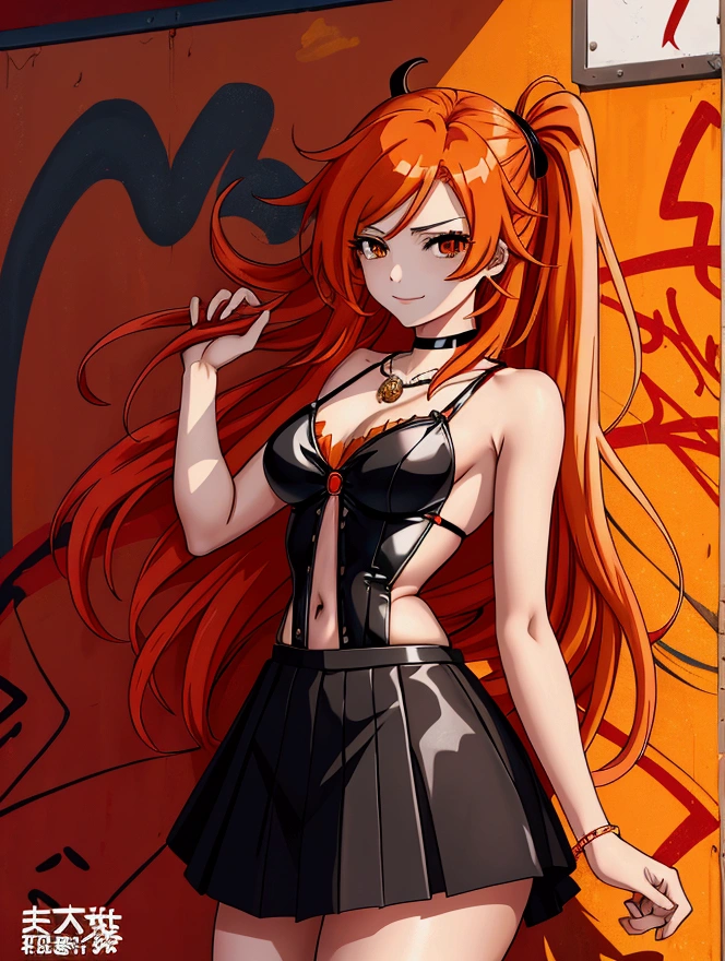 Anime girl in red, orange and black suspender skirt in front of graffiti wall, 25 years old,long hair anime girl, She has long orange-yellow hair., Attractive anime girl,Bare arms,Bare arms,Bare legs,Black necklace,Front view,First Perspective,high quality,16K,Exciting appearance,very clearly,Exquisite mature facial,Royal sister,Simple black suspender skirt,Alone,Standing front