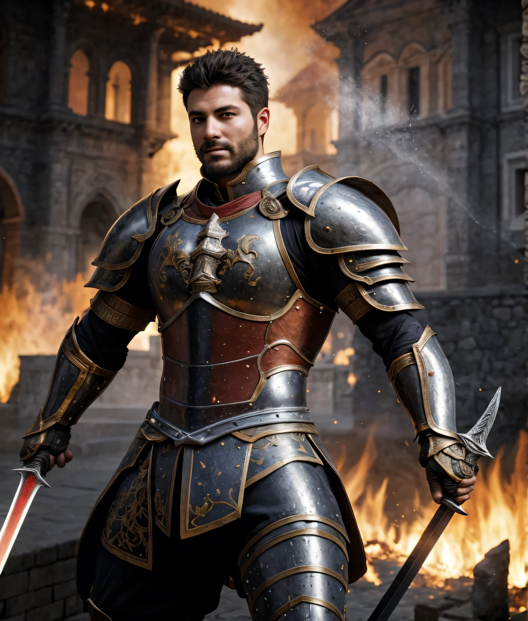 Realistic detailed photograph (italian man), emb3r4rmor, wearing embers knight armor, burning, glowing, dynamic pose, fighting stance, fantasy city background, holding sword,, best quality, masterpiece, highly detailed, realistic, (detailed background), depth of field, soft focus, intricate details, 8k, cartoon, 3d, unreal engine 5, photo of a man,,