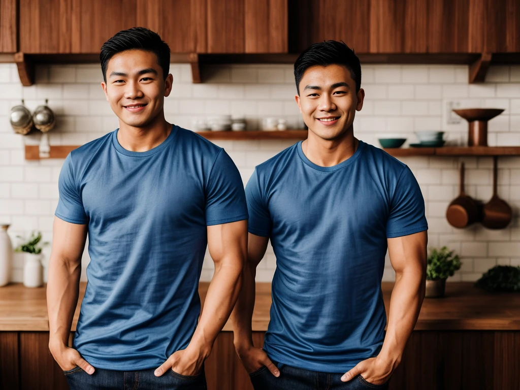 Thai man ,man ,(Blue T-shirt:1.5) ,Jeans ,He is about 30 years old..,Rough and handsome appearance,large breastsj,Big waistline,buzz cut, angry, sullen, best quality, Masterpiece,(Have muscles:4.5),(best quality,high resolution,Masterpiece:1.2),The eyes are natural and delicate..,1 person,alone,gay asian,muscle,Long legs,brave,short hair details,conjunctivitis ,strong,brown eyes, (standing in the kitchen:1.5),in the market,sitting on the table ,smile