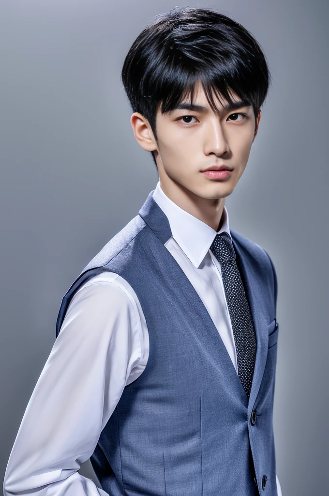 Generate an ultra realistic image of a handsome 20-year-old Chinese man, slim, slim, ectomomhe, asymmetrical face, new, CEO, passionate, serious and extremely cold countenance, CEO clothes, short black hair, face of a 20-year-old man