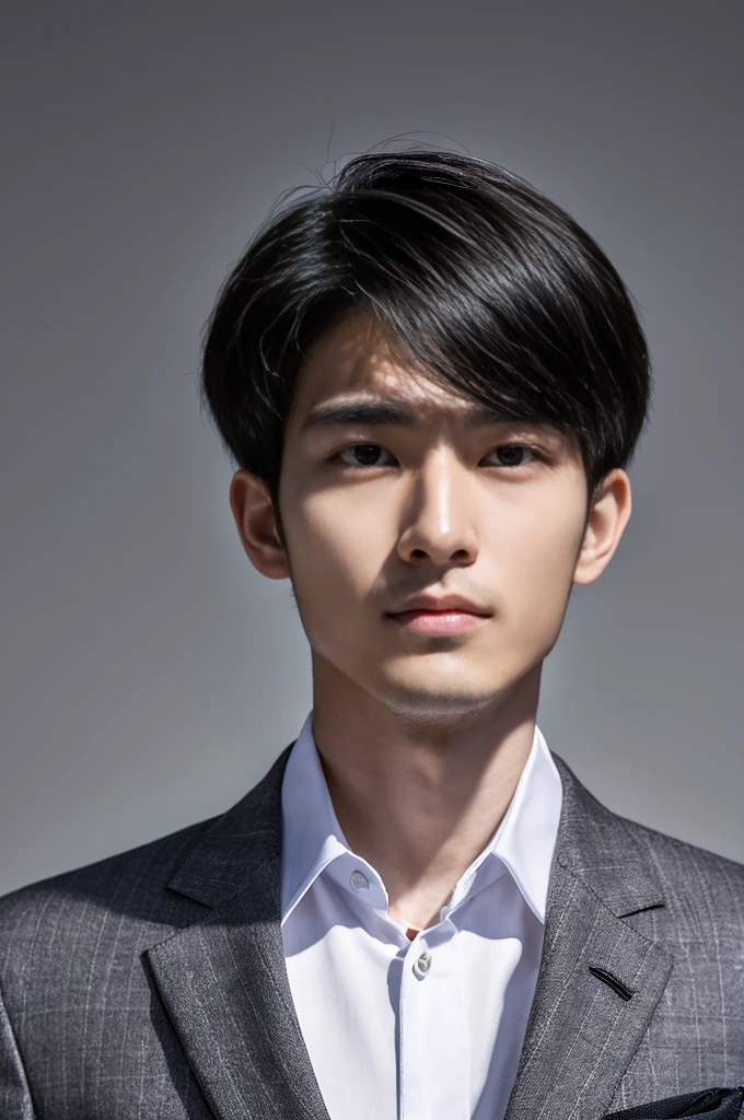 Generate an ultra realistic image of a handsome 20-year-old Chinese man, slim, slim, ectomomhe, asymmetrical face, new, CEO, passionate, serious and extremely cold countenance, CEO clothes, short black hair, face of a 20-year-old man