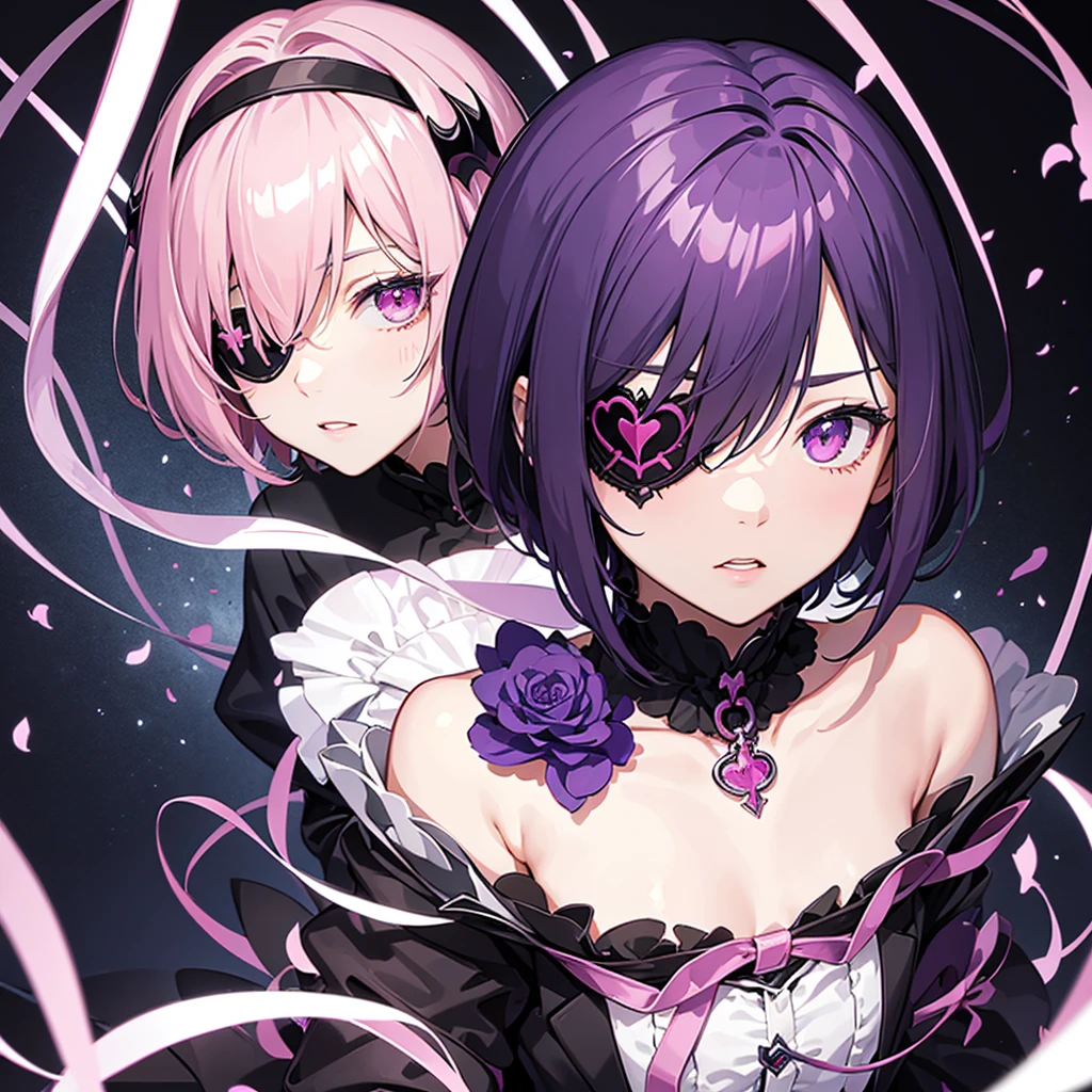 One character portrait, one character, ciel phantomhive, purple and pink color scheme, monochromatic,eyepatch, short boy cut hair with bangs, anime, demon,dark hair, male