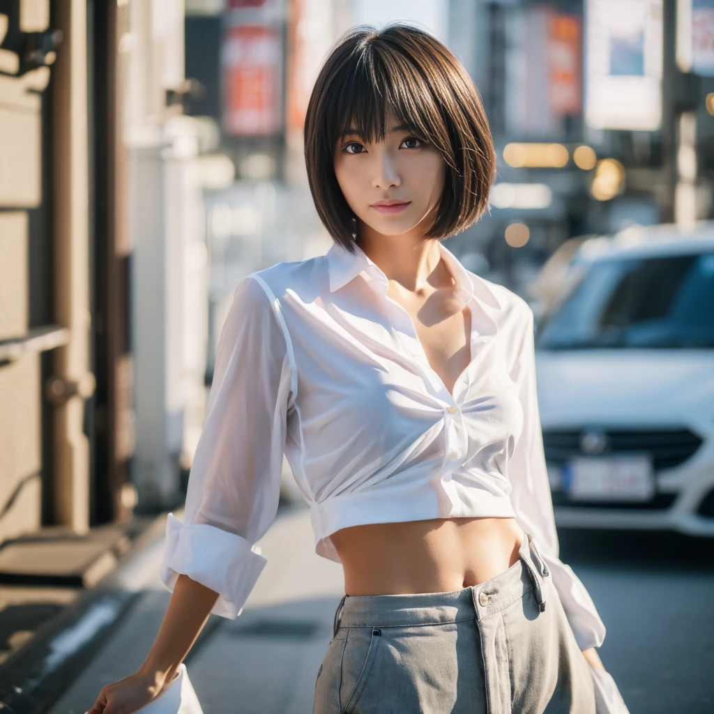 ((Highest quality、In 8K、masterpiece:1.3))、Sharp focus:1.2、Beautiful woman perfect body:1.4、Slim Abs:1.2、((short hair:1.2))、(Tokyo fashion trends、shirt:1.1)、White Background、Wet body:1.5、Three-dimensional texture、Fine grain、（Brown Hair、Black Hair:1.2)、Very shiny hair、Backward view、Hair quality improvement、Handsome Short、short hairのブロンド、Beautiful feet