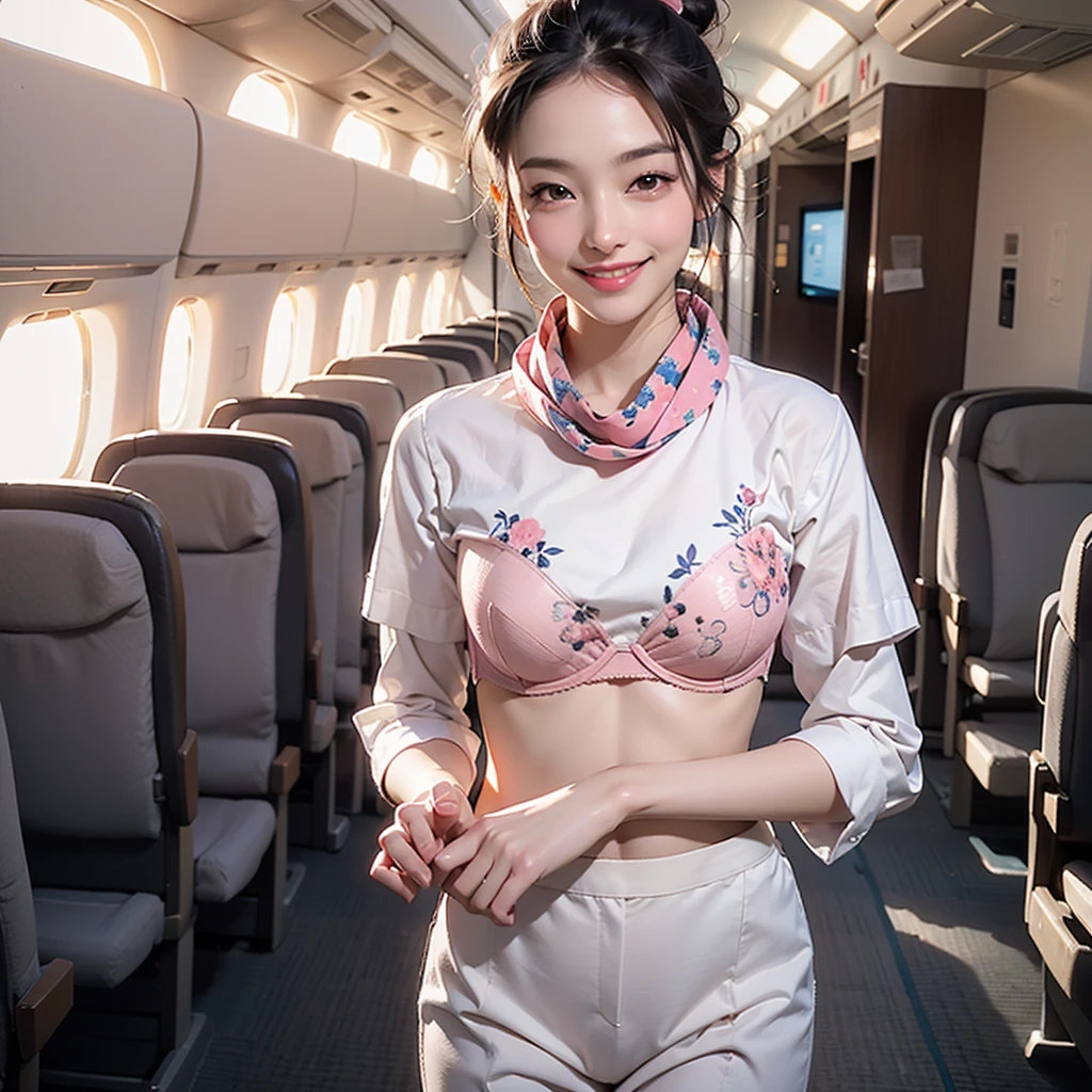 ((Highest quality、Tabletop、8K、Best image quality、Hyperrealism))、（（1 female stewardess、walk gracefully down the aisle、Cowboy Shot、Take a photo of her from the waist up))、((The background is the first class aisle of an airplane..))、((perfect stewardess uniform、Very short nylon scarf))、(Exposing the forehead、Hair Bun)、Big ample breasts、Biggest Smile、white big teeth、Perfect Makeup、Long eyelashes、Look at me、Have the best smile、Perfect Anatomy、Bright lighting
(((A pink floral bra is visible)))