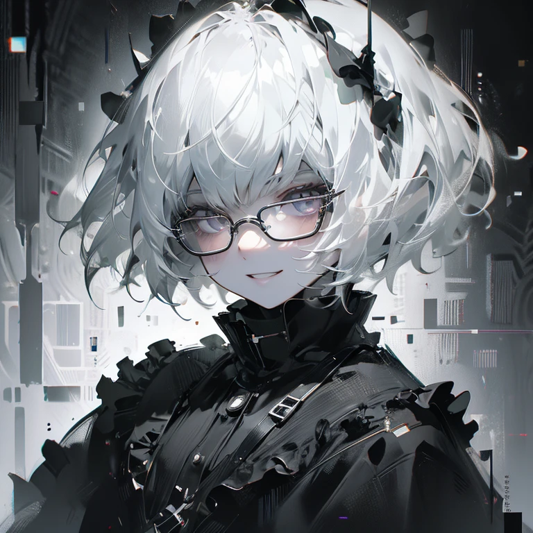 (8K、Highest quality、Highest quality、masterpiece)、Detailed face、One Girl、 Silver Hair、Glasses、Bobcut、whole body、Grin