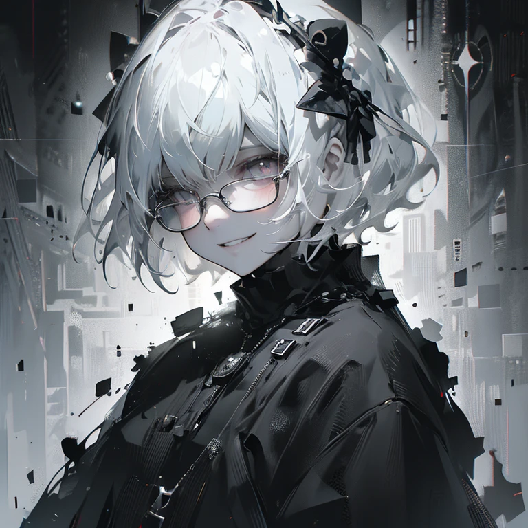 (8K、Highest quality、Highest quality、masterpiece)、Detailed face、One Girl、 Silver Hair、Glasses、Bobcut、whole body、Grin