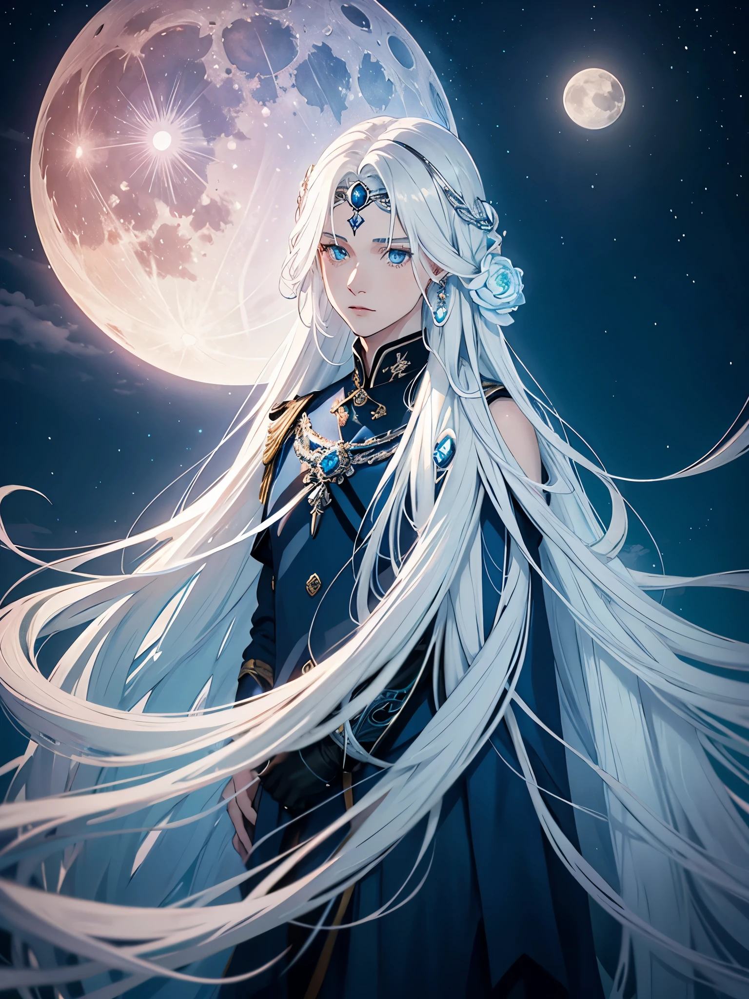 Blue light. Göttlich. Mystisch. Long hair. long white hair. aquatic, boy, Goddess of the Moon, silver hair accessories, White hair, White dress, cape, at night, saturated colors, light eyes, bright, light blue light, blue eyes, Jewelry silver, bluish light, Full moon in the background, aquatic in der Luft rosa kerzen