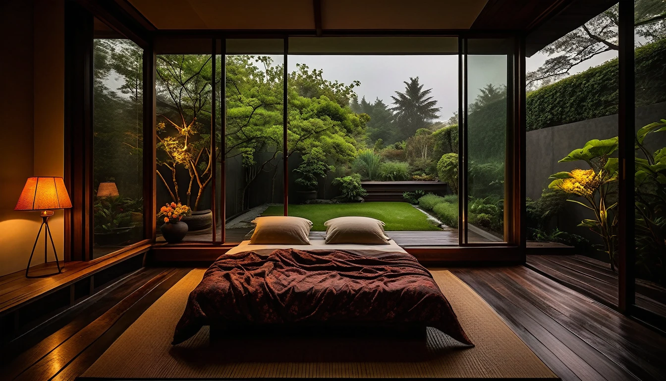 The picture shows a cozy bedroom with large windows offering views of a beautiful, dimly lit garden AND a garden filled with FLOWERS. CINEMATIC atmosphere, gloomy, dull, gloomy rain, cloudy outside JAPANESE HOUSE, dark cloudy. This room has tatami floors, shoji doors, and minimalist wooden furniture. . The bed was unmade with rumpled sheets, indicating only a light sleep. looks dim, gloomy. Beside the bed there is a small table with a classic lamp that radiates warm light into the room. Outside the window you can see the lush greenery of the terrace or balcony area, the rain is falling, the lamp on the left provides warm lighting, creating a calm and peaceful atmosphere. the room was dark, gloomy with fog obscuring part of the view in the distance. The contrast between the warmth indoors and the rain outdoors creates an inviting and calming atmosphere