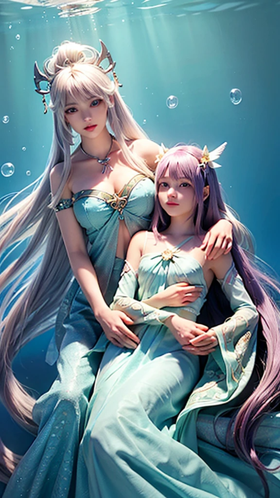 Create a female character that embodies the Pisces zodiac sign, making it immediately recognizable. She is a dreamy and compassionate figure with long, flowing pastel-colored hair and soft, ethereal blue eyes. She has a delicate build and a pale complexion. Dress her in attire that combines mythical and modern styles, featuring a seafoam green and lavender color scheme. Include elements such as a fish-scale crown, a trident, and armor with fish motifs. The background should include an underwater scene with fish swimming around to further emphasize the Pisces symbolism. She should exude a sense of empathy and imagination, representing the compassionate nature of Pisces.