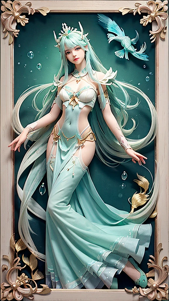 Create a female character that embodies the Pisces zodiac sign, making it immediately recognizable. She is a dreamy and compassionate figure with long, flowing pastel-colored hair and soft, ethereal blue eyes. She has a delicate build and a pale complexion. Dress her in attire that combines mythical and modern styles, featuring a seafoam green and lavender color scheme. Include elements such as a fish-scale crown, a trident, and armor with fish motifs. The background should include an underwater scene with fish swimming around to further emphasize the Pisces symbolism. She should exude a sense of empathy and imagination, representing the compassionate nature of Pisces.