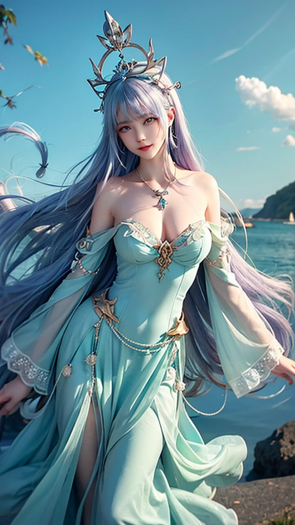 Create a female character that embodies the Pisces zodiac sign, making it immediately recognizable. She is a dreamy and compassionate figure with long, flowing pastel-colored hair and soft, ethereal blue eyes. She has a delicate build and a pale complexion. Dress her in attire that combines mythical and modern styles, featuring a seafoam green and lavender color scheme. Include elements such as a fish-scale crown, a trident, and armor with fish motifs. The background should include an underwater scene with fish swimming around to further emphasize the Pisces symbolism. She should exude a sense of empathy and imagination, representing the compassionate nature of Pisces.