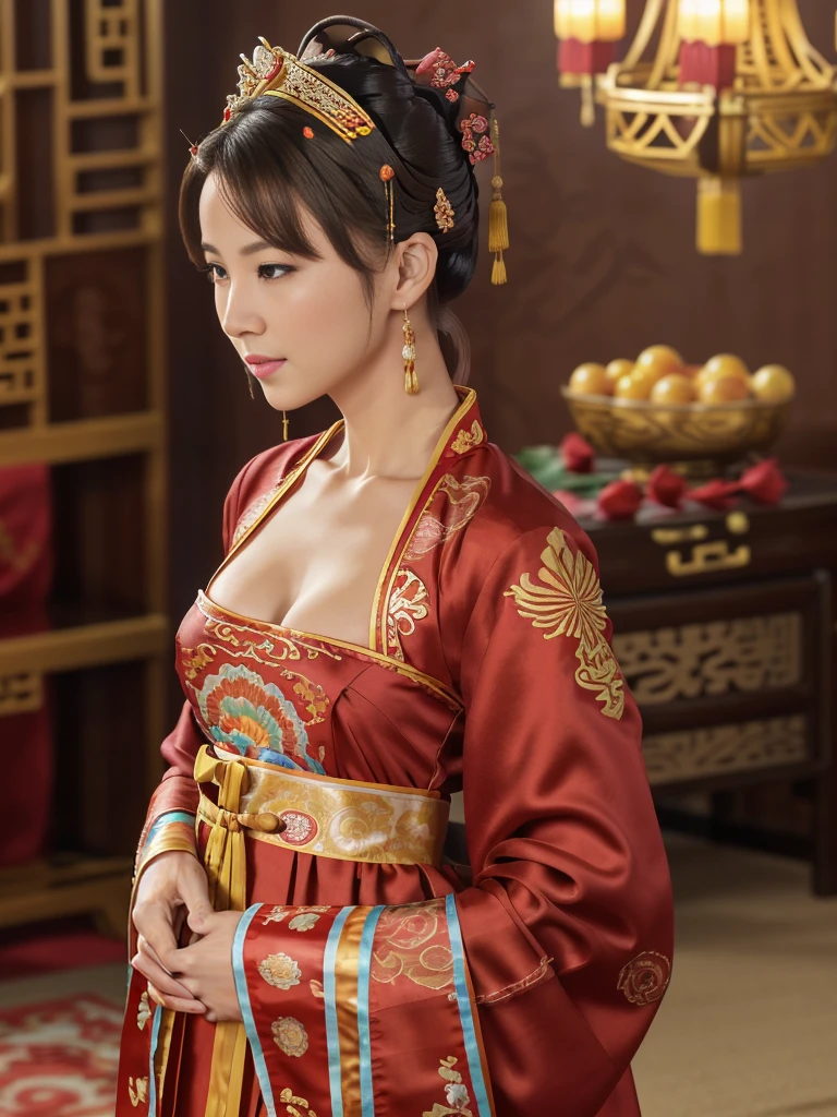 side view,  (Looking at Viewer ), Chinese and Russian half girl , 30-year-old, One of the three most beautiful women in the world, A beauty known all over the world,  (light Brown hair, beautiful lip, little smile), (middle breasts, slender whist, middle hip ) ,(Red Silk Yang Guifei, Chinese clothing、Royal clothing ),  (masterpiece, highest quality, High resolution, Photo realistic, sharp, RAW Photos, 8k wallpaper, perfection, Professional Lighting, Very detailed)


